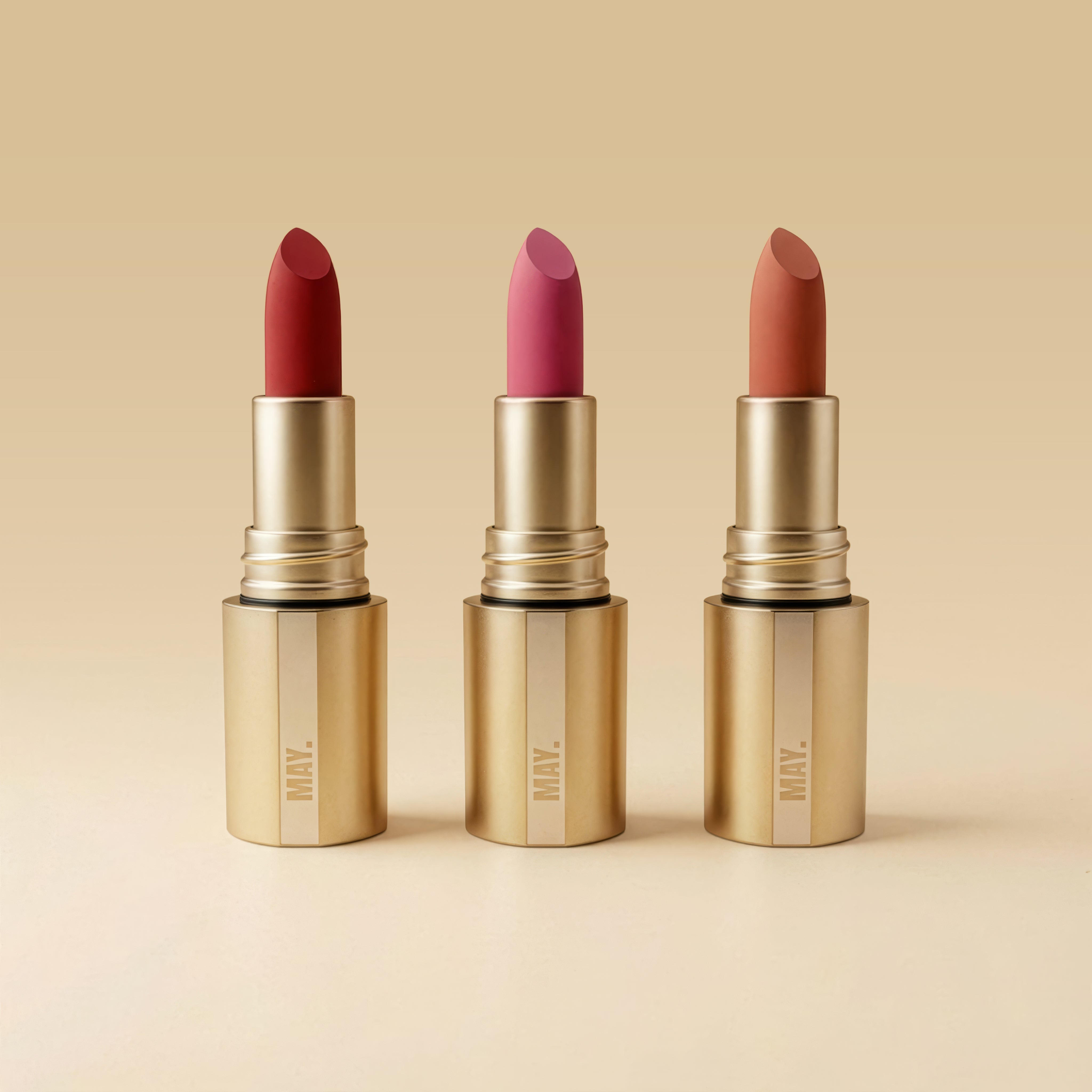 Natural nude, Blossy pink, Velvet red